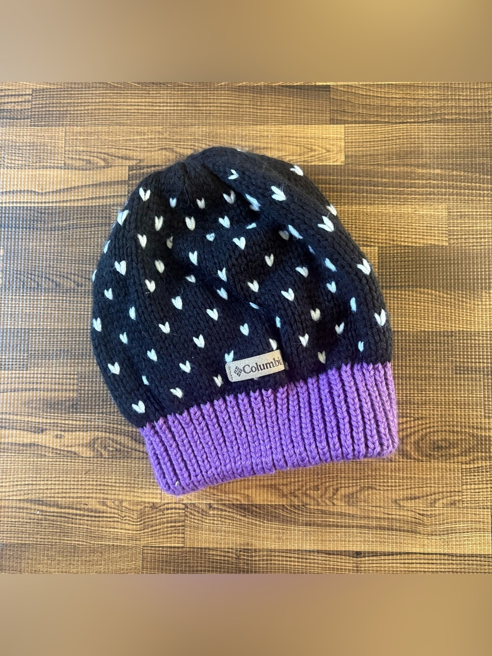 Columbia Reversible Knit and Fleece Beanie with Purple Cuff and White Hearts